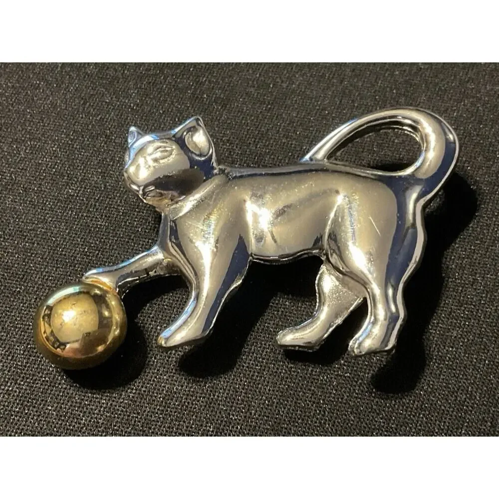 Vintage Gold & Silver Tone Cat Brooch W/ Gold Tone Ball